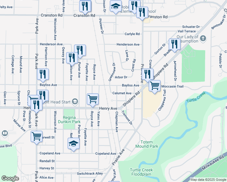 map of restaurants, bars, coffee shops, grocery stores, and more near 1609 Bayliss Avenue in Beloit