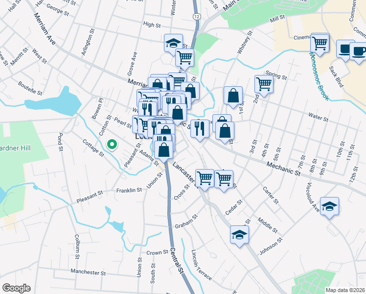 map of restaurants, bars, coffee shops, grocery stores, and more near 14 Short Street in Leominster