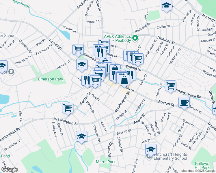 map of restaurants, bars, coffee shops, grocery stores, and more near 7 Park Street in Peabody