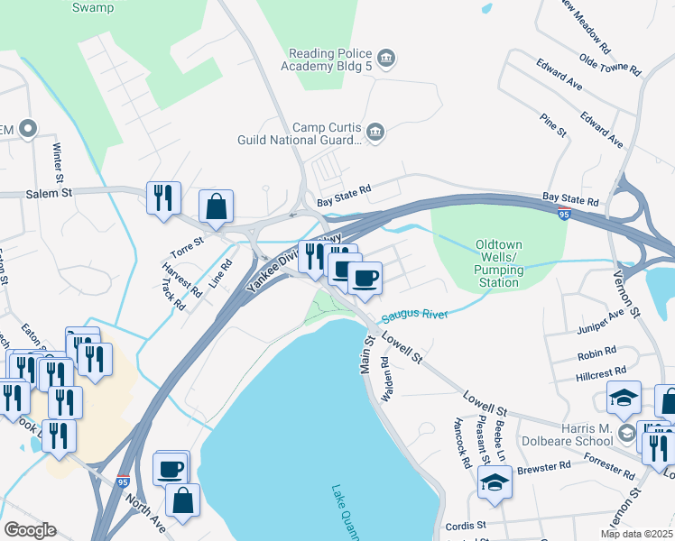 map of restaurants, bars, coffee shops, grocery stores, and more near 13 Main Street in Wakefield