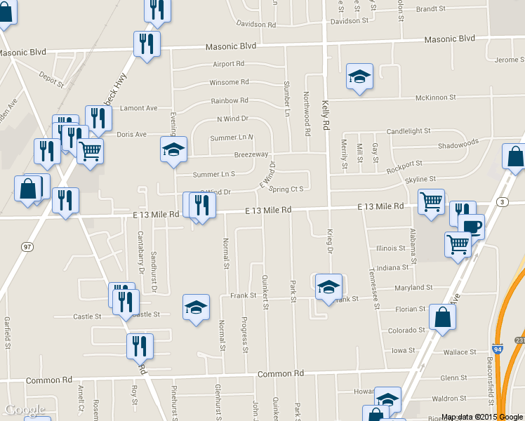 map of restaurants, bars, coffee shops, grocery stores, and more near 13 Mile Rd & Quinkert St in Roseville