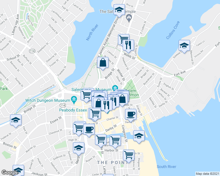 map of restaurants, bars, coffee shops, grocery stores, and more near 18 Williams Street in Salem