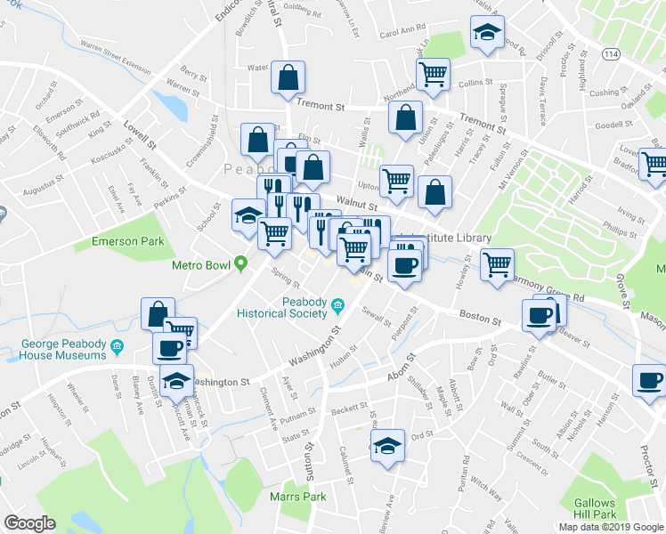 map of restaurants, bars, coffee shops, grocery stores, and more near 80 Main Street in Peabody