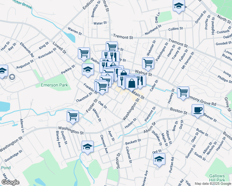 map of restaurants, bars, coffee shops, grocery stores, and more near 31 Main Street in Peabody