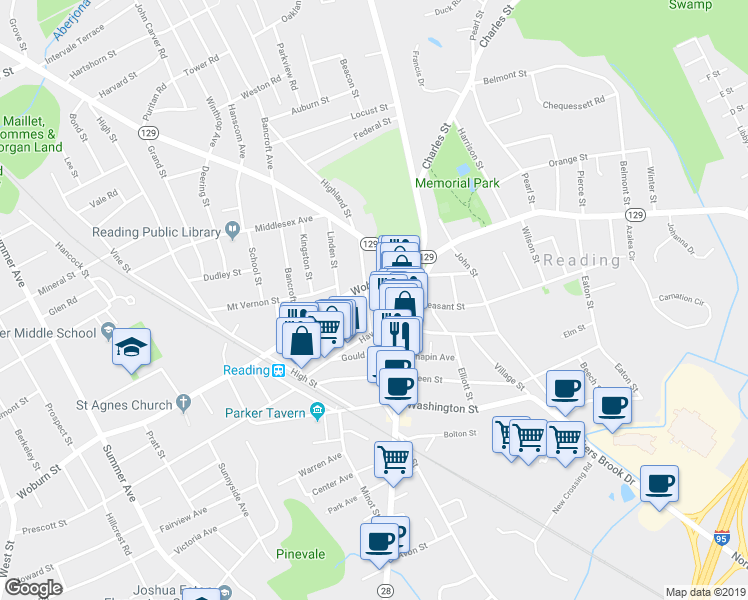 map of restaurants, bars, coffee shops, grocery stores, and more near 25 Woburn Street in Reading