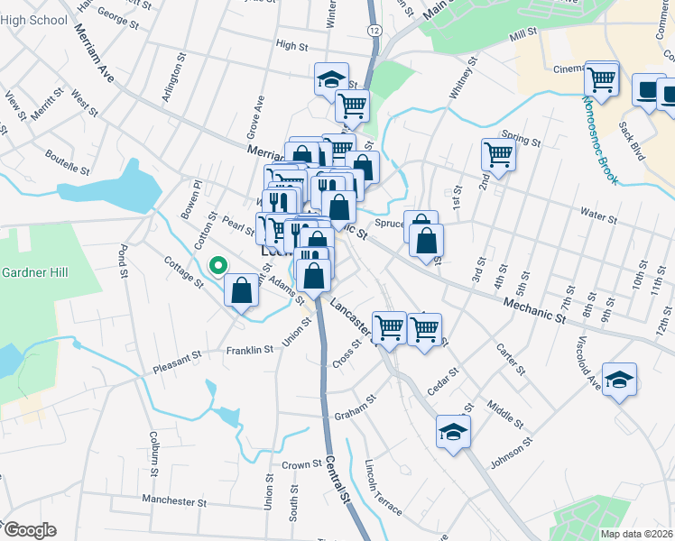 map of restaurants, bars, coffee shops, grocery stores, and more near 42 Mount Pleasant Avenue in Leominster
