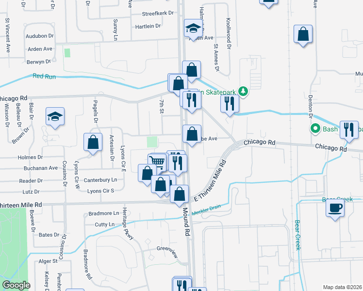 map of restaurants, bars, coffee shops, grocery stores, and more near 31330 Ryan Road in Warren