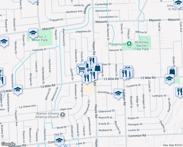 map of restaurants, bars, coffee shops, grocery stores, and more near 31061 Hayes Road in Warren