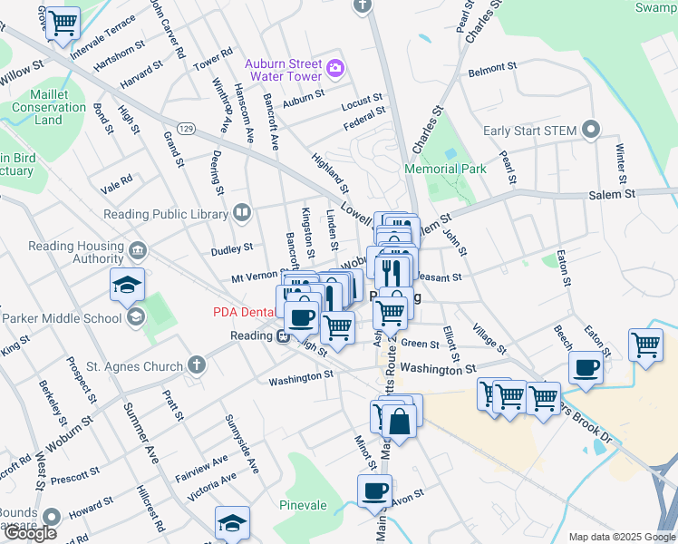 map of restaurants, bars, coffee shops, grocery stores, and more near 25 Linden Street in Reading