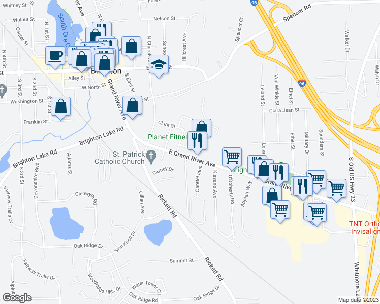 map of restaurants, bars, coffee shops, grocery stores, and more near 909 East Grand River Avenue in Brighton