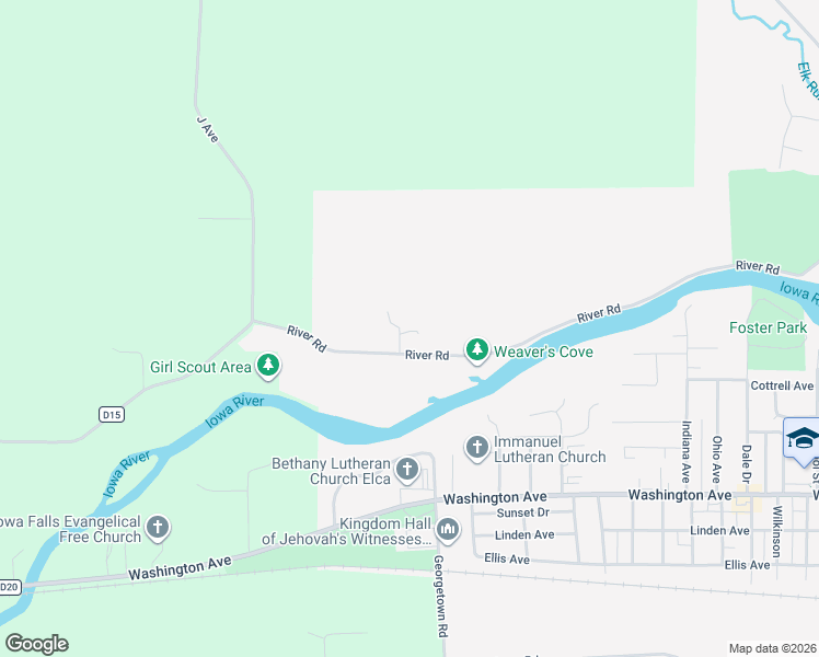 map of restaurants, bars, coffee shops, grocery stores, and more near 2820 River Road in Iowa Falls