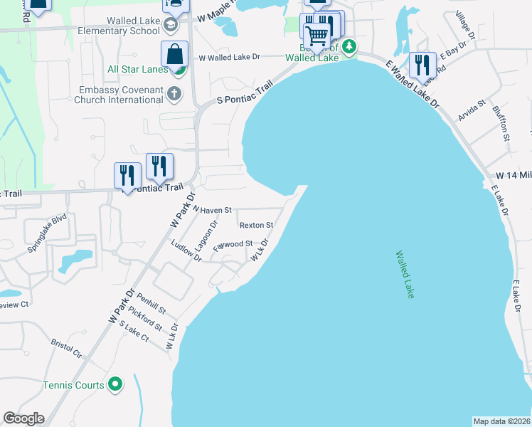 map of restaurants, bars, coffee shops, grocery stores, and more near 116 North Haven Street in Novi