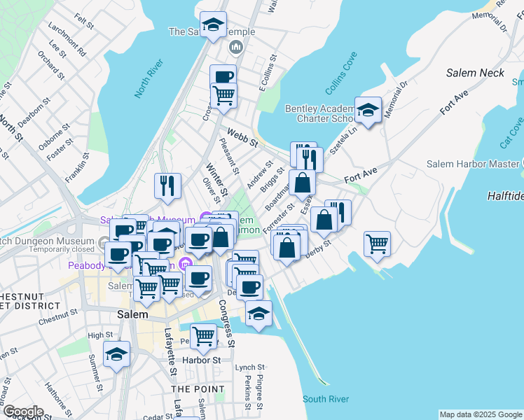 map of restaurants, bars, coffee shops, grocery stores, and more near 1 Boardman Street in Salem