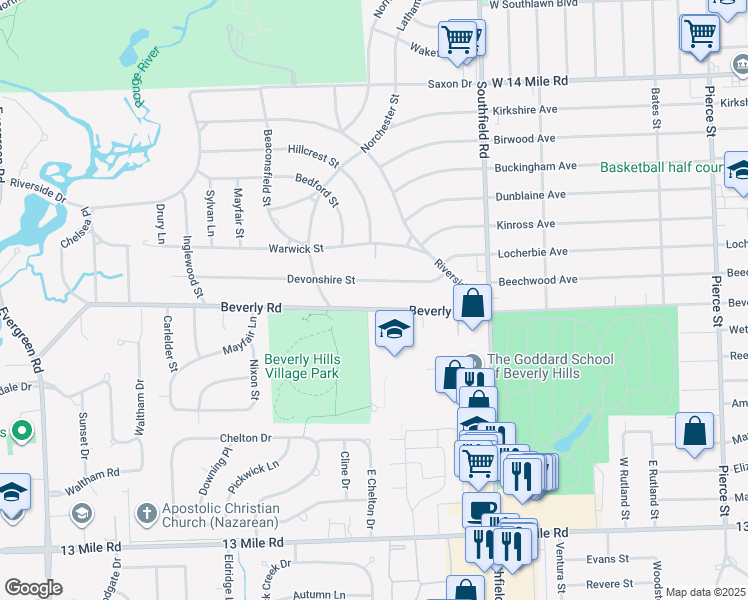 map of restaurants, bars, coffee shops, grocery stores, and more near 18411 Devonshire Street in Beverly Hills