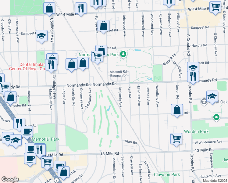 map of restaurants, bars, coffee shops, grocery stores, and more near 2535 Normandy Road in Royal Oak