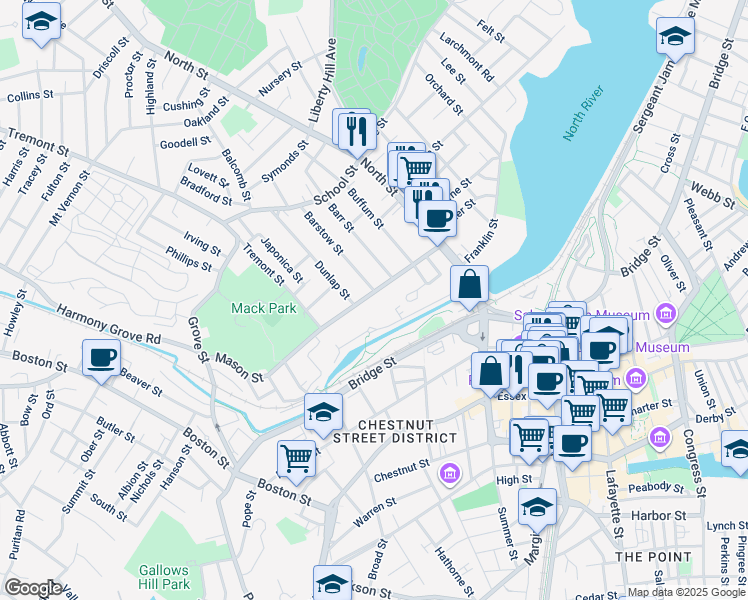 map of restaurants, bars, coffee shops, grocery stores, and more near 32 Mason Street in Salem