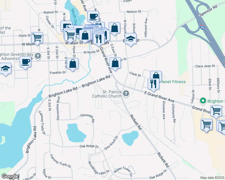 map of restaurants, bars, coffee shops, grocery stores, and more near 518 East Grand River Avenue in Brighton