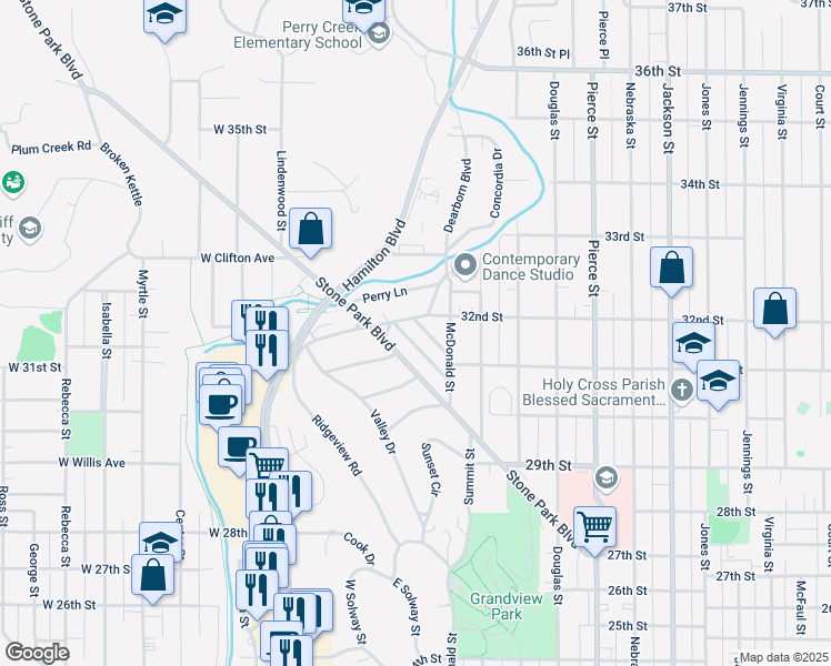 map of restaurants, bars, coffee shops, grocery stores, and more near 3165 Dearborn Boulevard in Sioux City
