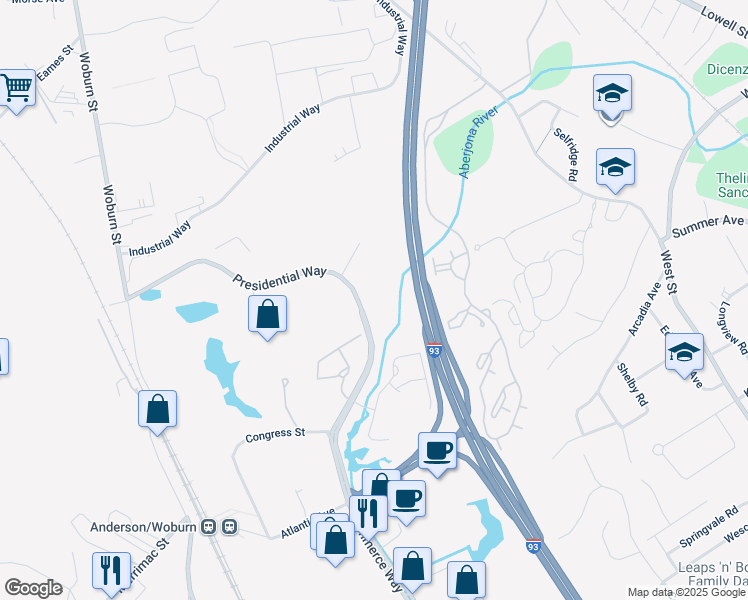 map of restaurants, bars, coffee shops, grocery stores, and more near 150 Presidential Way in Woburn