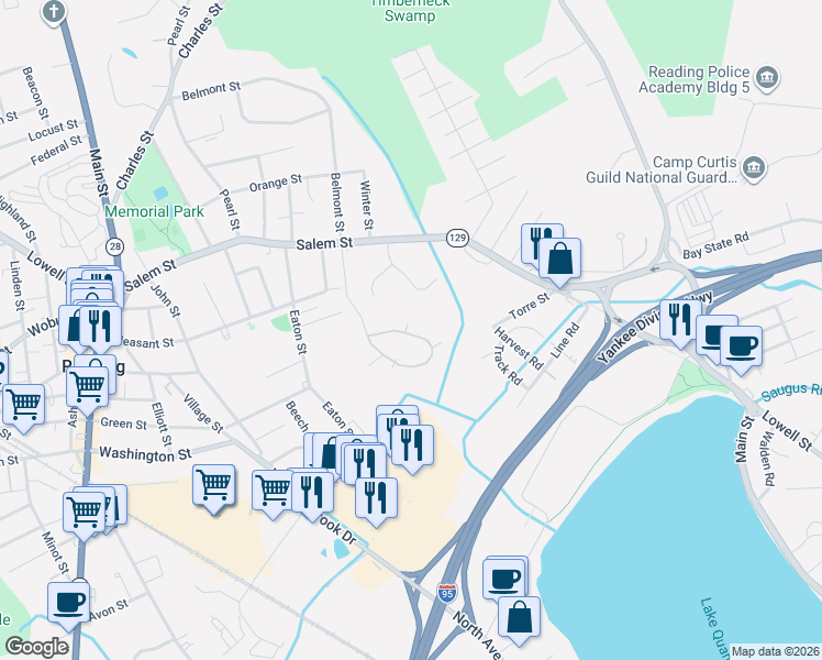 map of restaurants, bars, coffee shops, grocery stores, and more near 28 Carnation Circle in Reading