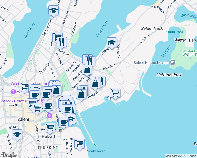 map of restaurants, bars, coffee shops, grocery stores, and more near 5 Cousins Street in Salem