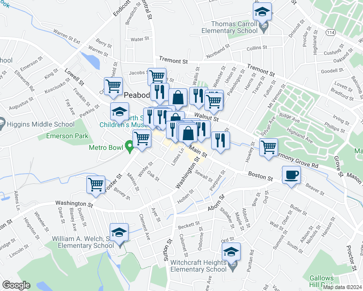 map of restaurants, bars, coffee shops, grocery stores, and more near 55 Main Street in Peabody