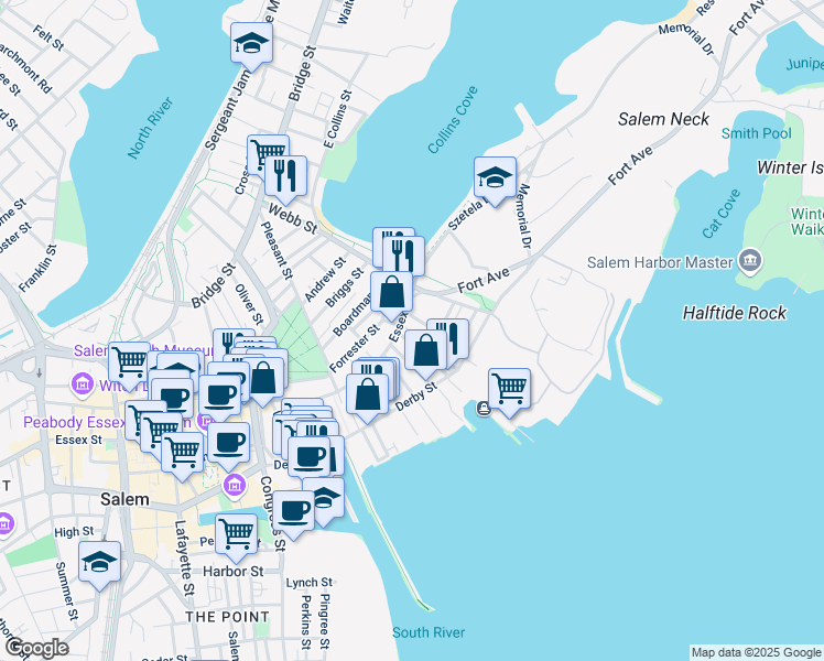 map of restaurants, bars, coffee shops, grocery stores, and more near 3 English Street in Salem