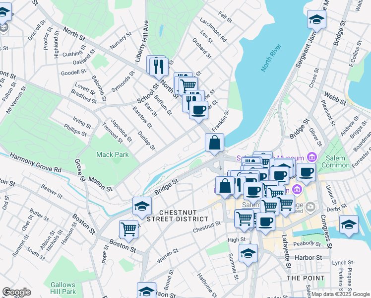 map of restaurants, bars, coffee shops, grocery stores, and more near 23 Mason Street in Salem