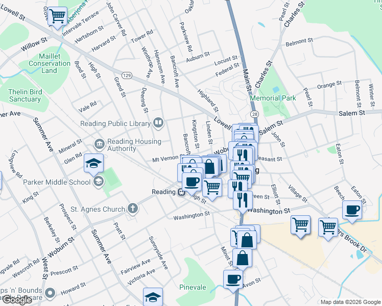 map of restaurants, bars, coffee shops, grocery stores, and more near 31 Bancroft Avenue in Reading