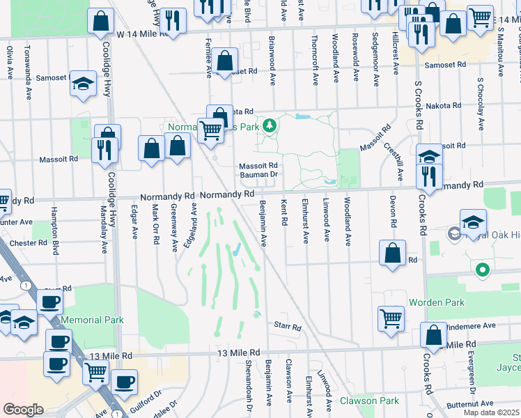 map of restaurants, bars, coffee shops, grocery stores, and more near 4118 Benjamin Avenue in Royal Oak