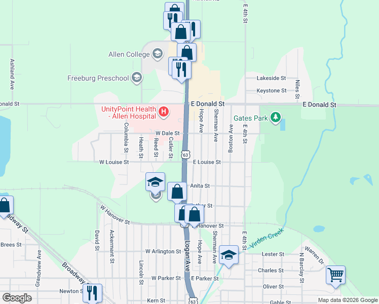 map of restaurants, bars, coffee shops, grocery stores, and more near 1740 Logan Avenue in Waterloo