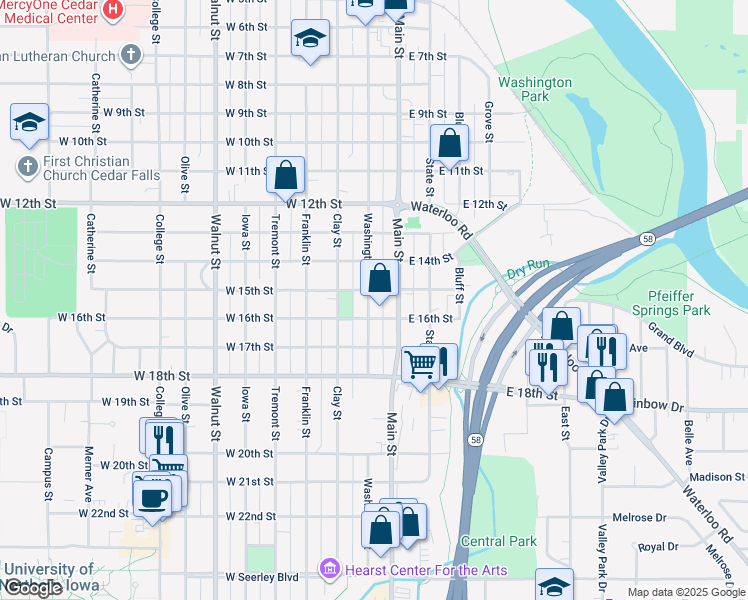map of restaurants, bars, coffee shops, grocery stores, and more near 1422 Washington Street in Cedar Falls
