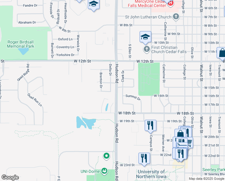 map of restaurants, bars, coffee shops, grocery stores, and more near 1412 Delta Drive in Cedar Falls