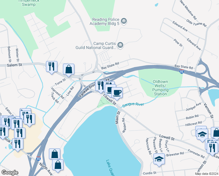 map of restaurants, bars, coffee shops, grocery stores, and more near 4 Main Street in Wakefield