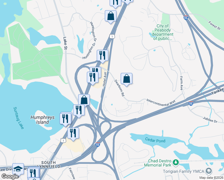 map of restaurants, bars, coffee shops, grocery stores, and more near 10-14 Dearborn Road in Peabody