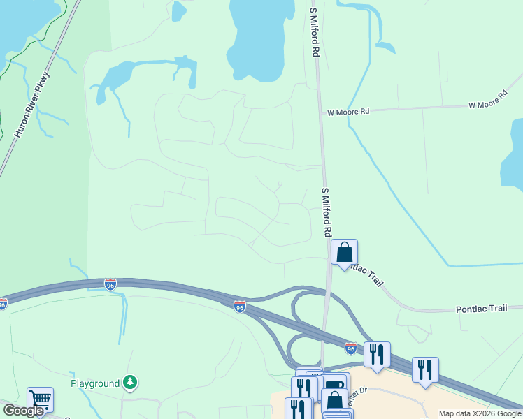 map of restaurants, bars, coffee shops, grocery stores, and more near 1423 Arcadia Drive in Milford Charter Township