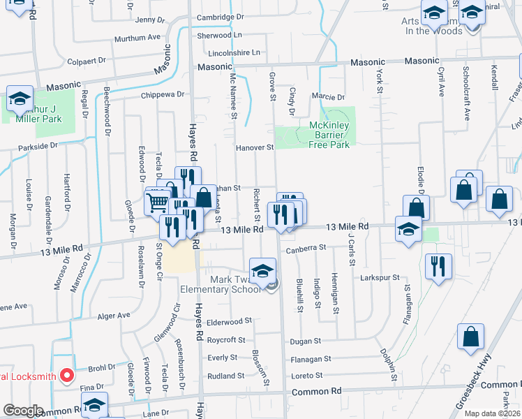 map of restaurants, bars, coffee shops, grocery stores, and more near 15510 Callahan Street in Fraser