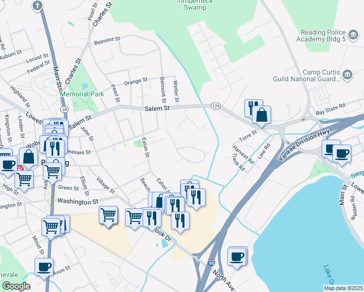 map of restaurants, bars, coffee shops, grocery stores, and more near 10 Carnation Circle in Reading