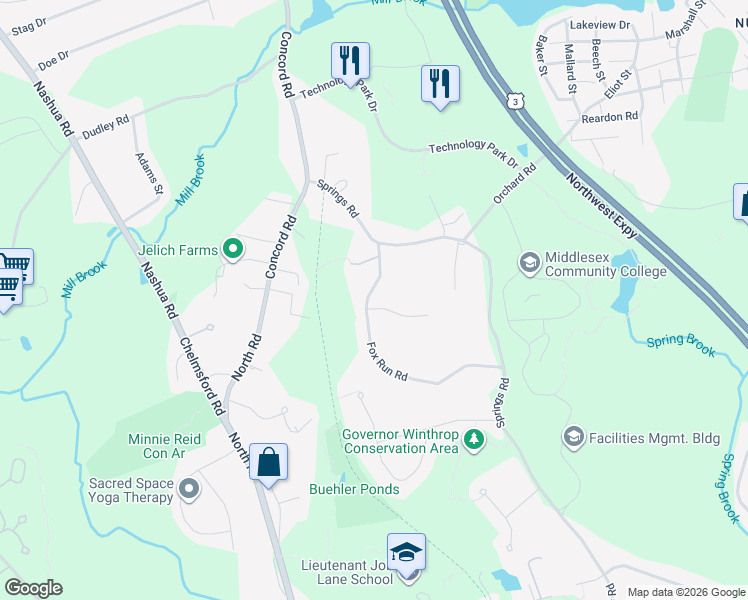 map of restaurants, bars, coffee shops, grocery stores, and more near 11 Glen Ora Drive in Bedford