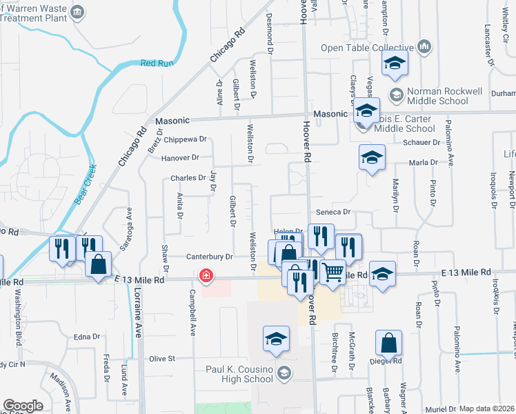 map of restaurants, bars, coffee shops, grocery stores, and more near 31291 Wellston Drive in Warren