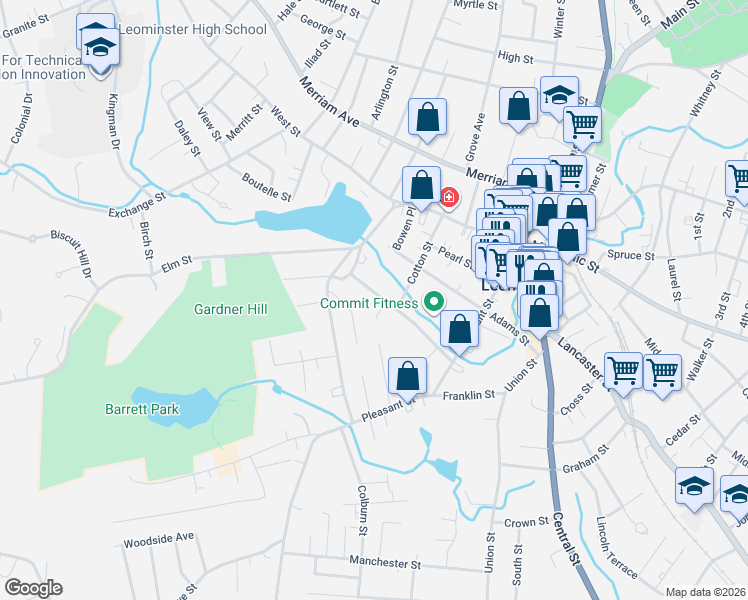 map of restaurants, bars, coffee shops, grocery stores, and more near 89 Cottage Street in Leominster