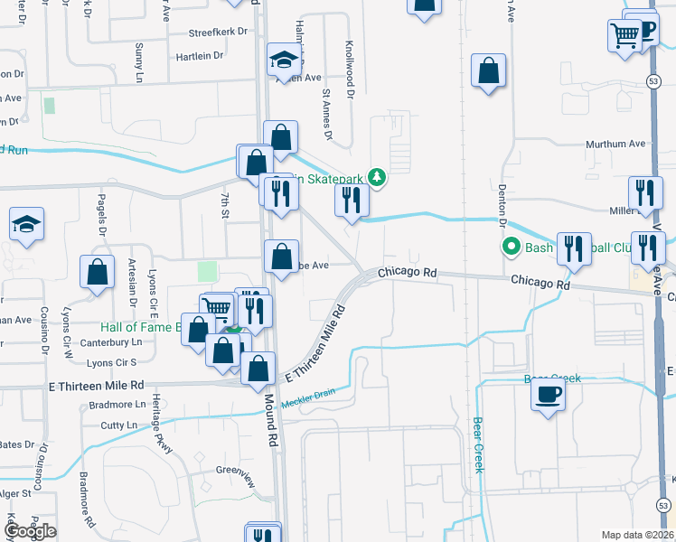 map of restaurants, bars, coffee shops, grocery stores, and more near 6115 Beebe Avenue in Warren