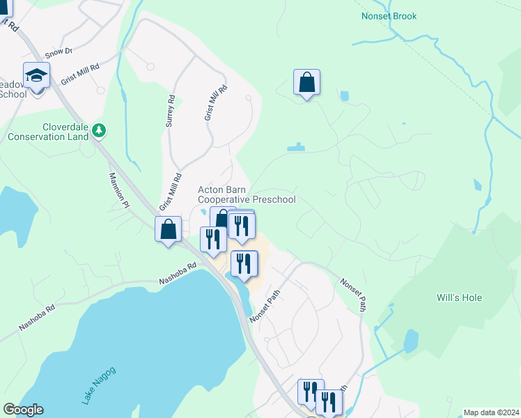 map of restaurants, bars, coffee shops, grocery stores, and more near 35 Nagog Park in Acton