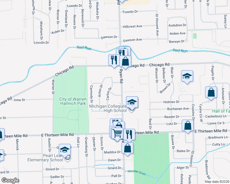 map of restaurants, bars, coffee shops, grocery stores, and more near 3915 Rolf Drive in Warren