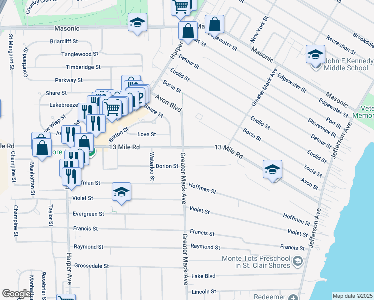 map of restaurants, bars, coffee shops, grocery stores, and more near 22404 13 Mile Road in St. Clair Shores