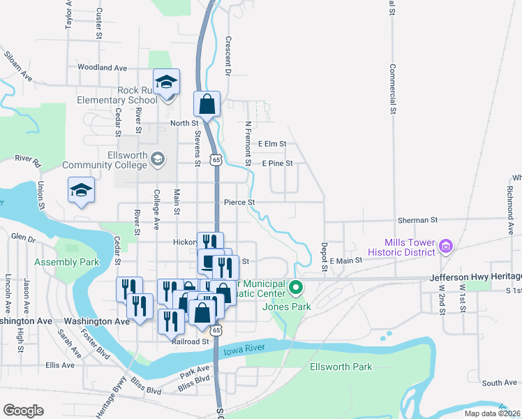 map of restaurants, bars, coffee shops, grocery stores, and more near 235 Pierce Street in Iowa Falls