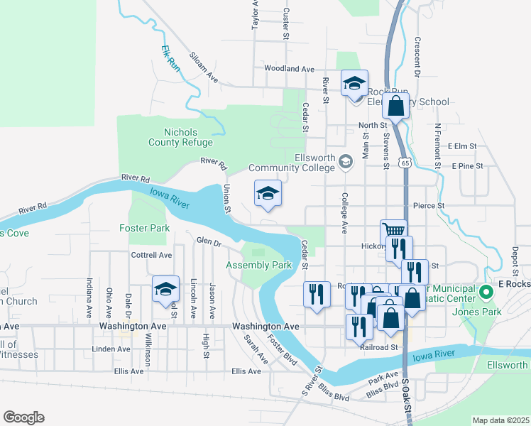 map of restaurants, bars, coffee shops, grocery stores, and more near 1124 Union Street in Iowa Falls