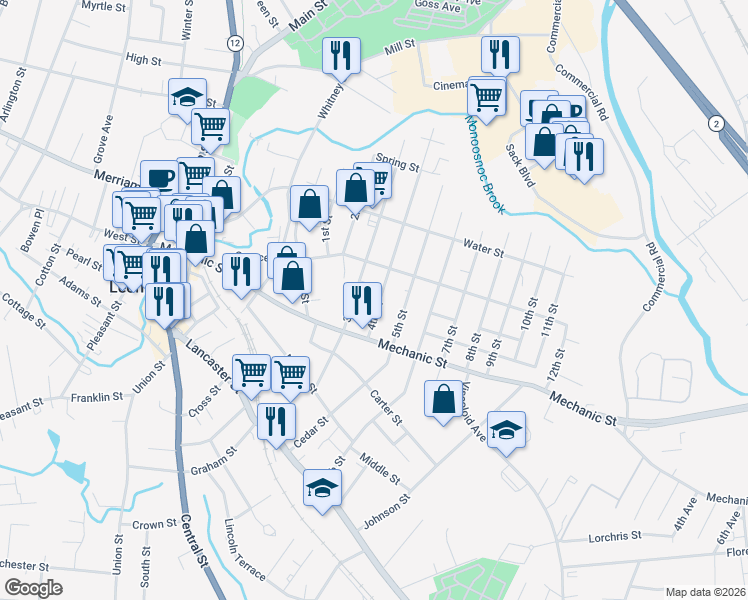 map of restaurants, bars, coffee shops, grocery stores, and more near 159 4th Street in Leominster