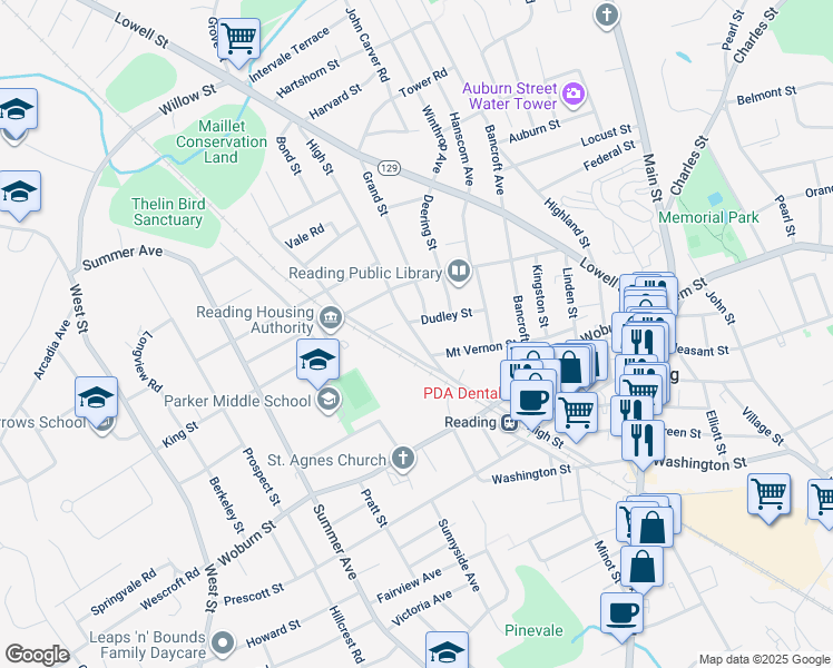 map of restaurants, bars, coffee shops, grocery stores, and more near 129 High Street in Reading