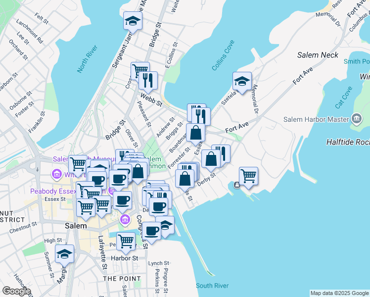 map of restaurants, bars, coffee shops, grocery stores, and more near 41 Forrester Street in Salem